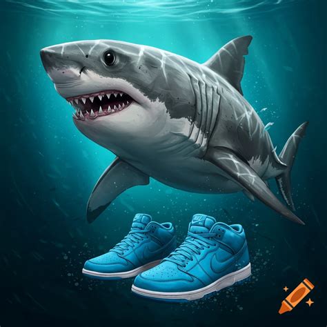A shark swims underwater next to a pair of blue sneakers. on Craiyon