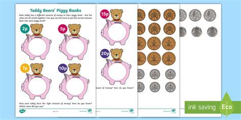 Teddy Bears' Piggy Banks (to 20p) Worksheets