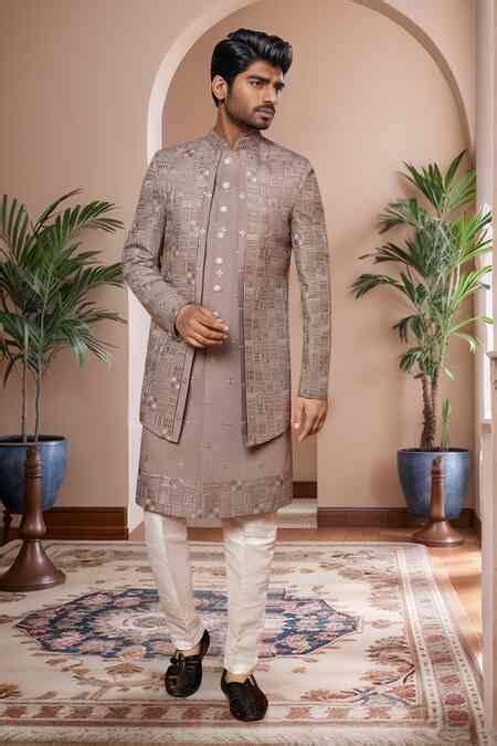 Buy Brown Sherwani Art Silk Embroidery Thread Work Set For Men by ...