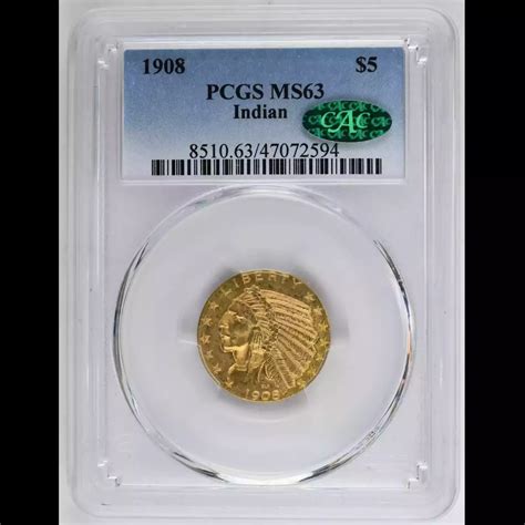 1908 $5 Indian Head Gold Half Eagle PCGS MS-63 Indian CAC - Harbor Coin ...