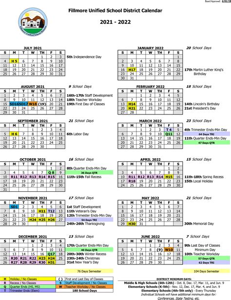 2021-2022 School Calendar — Fillmore Unified School District