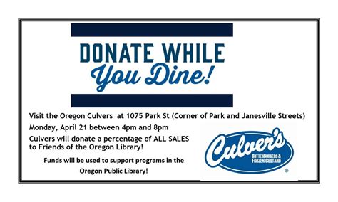 Friends of the Library Fundraiser at Culvers, Culver's (1075 Park St ...