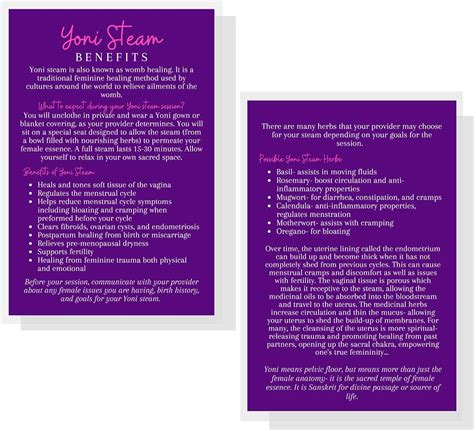 Yoni Steam Benefits Infocards Paquete de 30 Tamaño de postal grande de 4 x 6 pulgadas Morado con ...