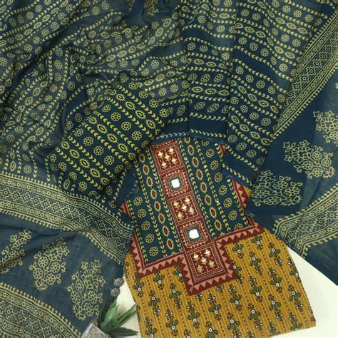 Ruhani Amber Yellow Ajrak Printed Cotton Suit Set – Desisandook ...