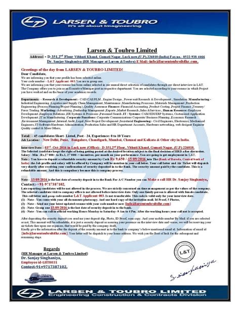 Larsen & Toubro Infotech [L&t] — Interview call letter