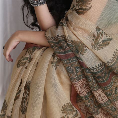 Navika : Ivory Kota Doria Saree with Bagru Handblock Mughal Motifs ...
