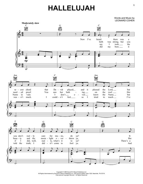 Hallelujah by Leonard Cohen Sheet Music for Piano, Vocal & Guitar ...