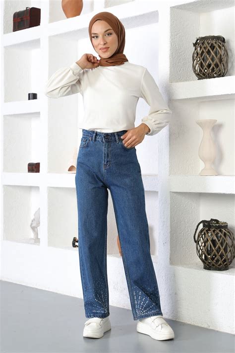 Dark Denim Stone Detail Pants - Modamihram | ElbiseBul