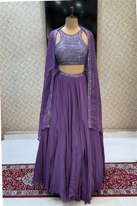 Dusty Purple Beads and Sequins work Shrug with Crop Top Lehenga ...