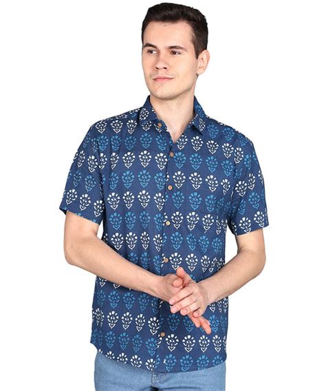 Cotton Hand Block Print Half Sleeves Summer Shirt for Men (Indigo 3 ...