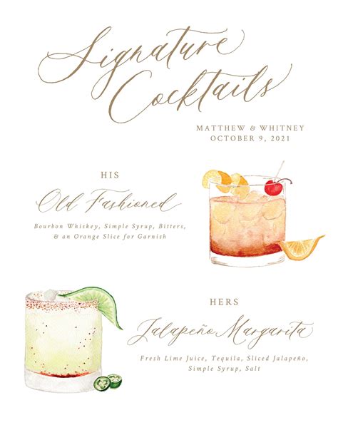 Personalized watercolor signature drinks sign signature cocktail watercolor art print watercolor ...