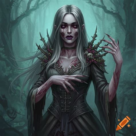 An undead woman with long white hair, sharp fingers, and decayed skin ...