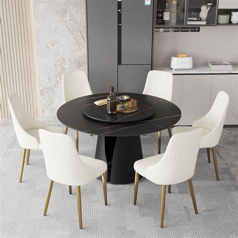 Amazon.com - 59'' Round Marble Dining Table for 6,Modern Black Marble ...