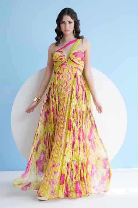 Buy Green Chiffon Sweetheart Neck Floral Print Maxi Dress For Women by ...