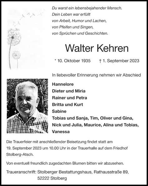 Traueranzeigen von Walter Kehren | Aachen gedenkt