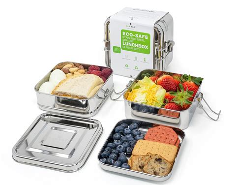 Ecozoi Stainless Steel 3-in-1 Square Eco Lunch Box Metal Bento Box 1500 ...