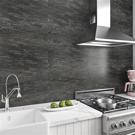 Livelynine Dark Peel and Stick Tile 16pcs 24x12 Carbon Slate Wall Panel Marble Backsplash Tile ...