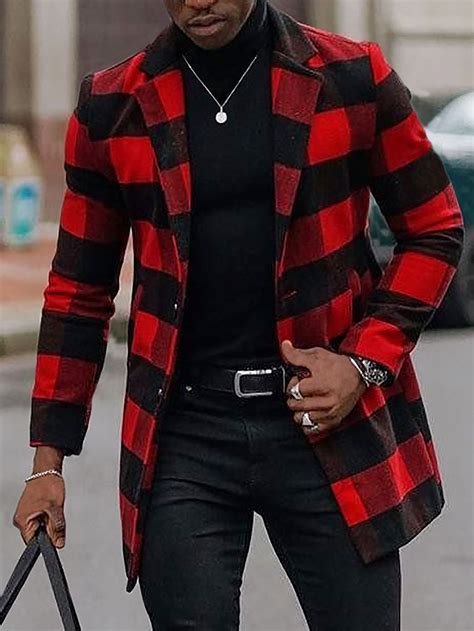 Men 1pc Buffalo Plaid Slant Pockets Overcoat | Sweater outfits men ...