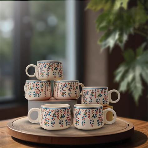 Buy IZZYLYF 'Artisan Leaf' Ceramic Tea Cups Set of 6 (150 ml Each) with ...