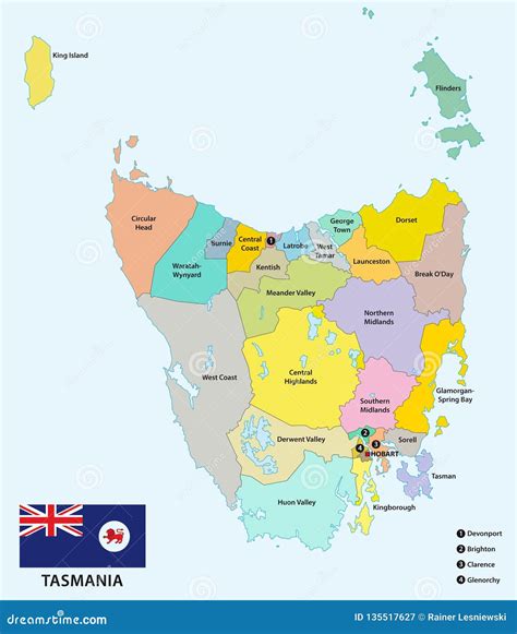 Administrative and Political Map of the 29 Local Government Areas of Tasmania with Flag ...
