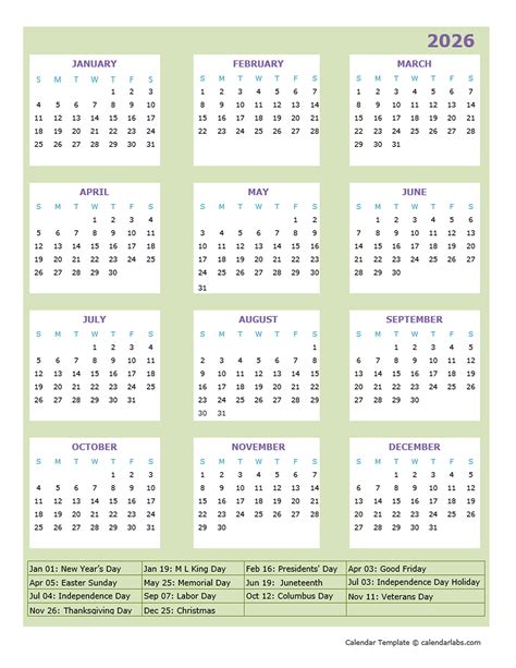 Calendar Template 2026 Printable Free