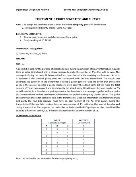 Experiment 5 DLDA Paritygene - Digital Logic Design And Analysis Second ...