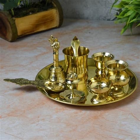 Neetu Arts 8-Inch Plain Brass Pooja Thali Set with Diyas, Kumkum Bowls ...