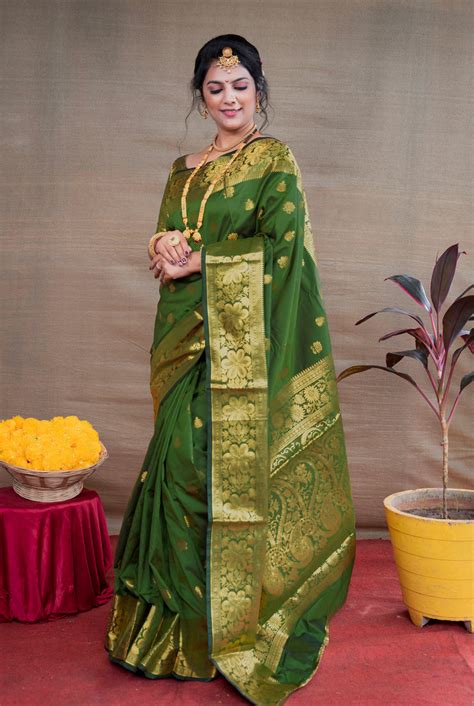 Mehandi Green Silk Banarasi Saree – OFLINE SELECTION