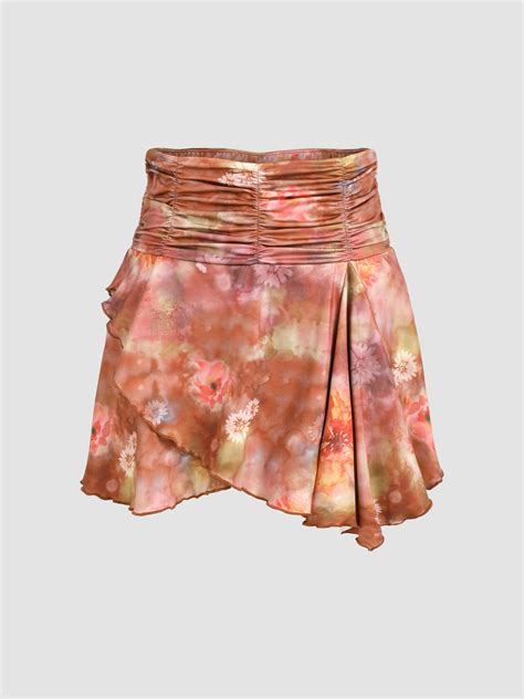 Floral Tie Dye Mid Waist Ruched Mini Skirt For Daily Casual