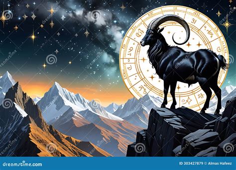 Capricorn Zodiac Sign Embodied As A Magic Astrology Goat Climbing The Peaks Of A Star-Studded ...