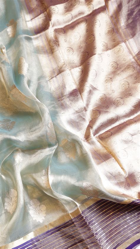 Aqua Blue Pure Tissue Silk Handloom Saree with Contrast Stripe Border ...