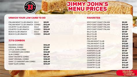 Jimmy John Printable Catering Menu