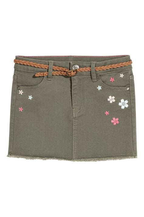 Twill skirt with embroidery - Khaki green/Flowers - Kids | H&M IN