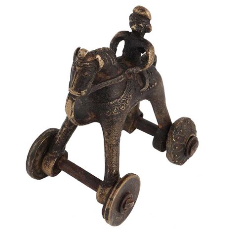 Handmade Brass Rider On Horse Hindu Temple Toy On Wheels