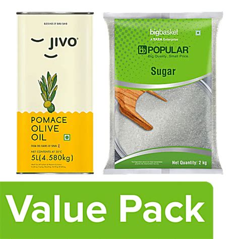 Buy bb Combo Jivo Pomace Olive Oil, 5 L + bb Popular Sugar, 2 kg Online ...