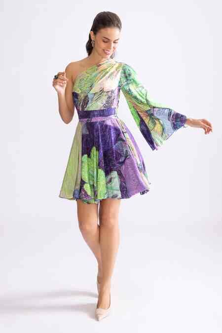Buy Purple Silk One Shoulder Mischa Daisy Orchid Print Dress For Women ...