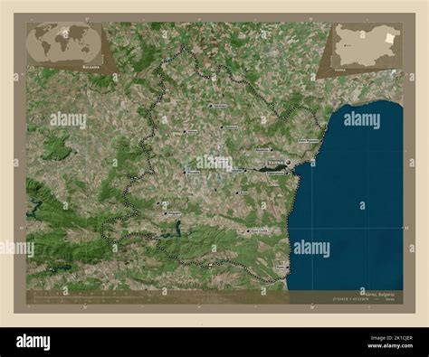 Varna, province of Bulgaria. High resolution satellite map. Locations and names of major cities ...