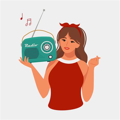 Woman holding a retro radio and listening to music. Vector illustration ...