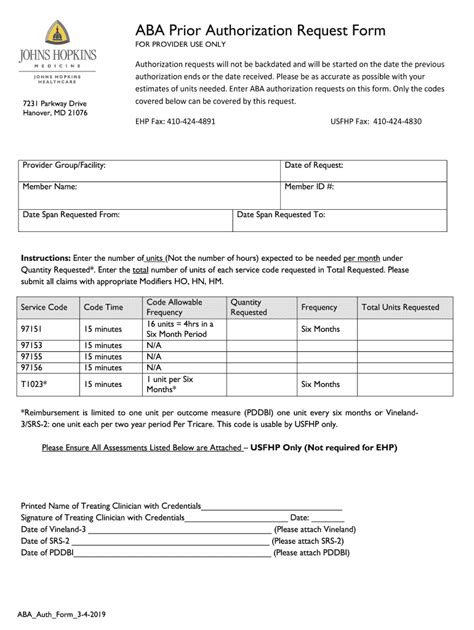 Fillable Online ABA Prior Authorization Request Form Fax Email Print ...