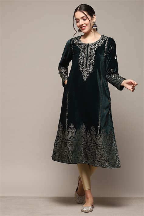 Buy Green Poly Velvet Straight Printed Kurta Online at Biba India