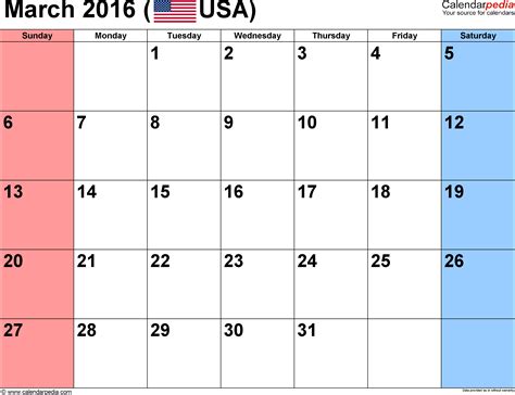 March 2016 Calendars for Word, Excel & PDF