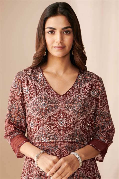 Buy Ajrak Hand Block Printed Straight Modal Satin Kurta for Women ...
