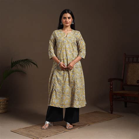 Yellow Block Print Cotton A-Line Sanganeri Kurta
