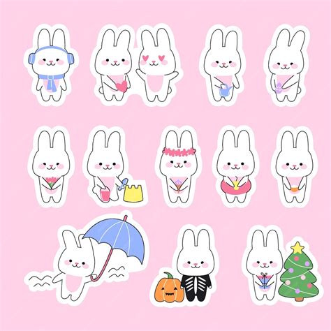 Set of 12 stickers cute kawaii rabbits funny bunny character in varios ...
