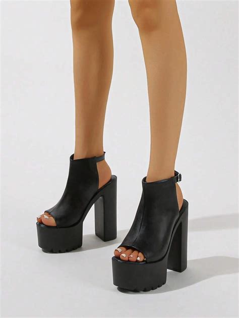 Women Ankle Strap Platform Chunky Heeled Sandals, Elegant Black Heeled ...