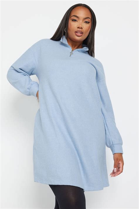 YOURS Plus Size Light Blue Soft Touch Zip Neck Jumper Dress | Yours ...