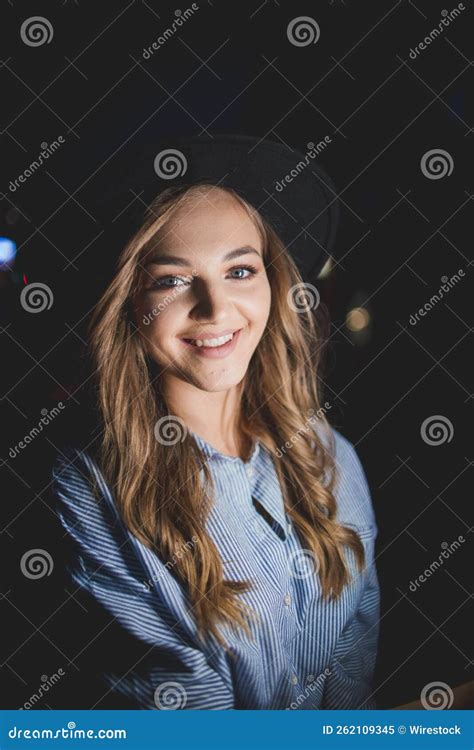 Beautiful Bosnian Caucasian Woman in a Hat Posing in the Street during Night Time Stock Image ...