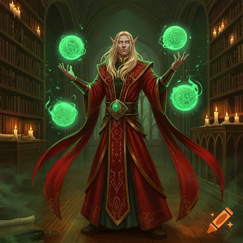 A blonde elf-like male sorcerer in red robes holds four glowing green ...