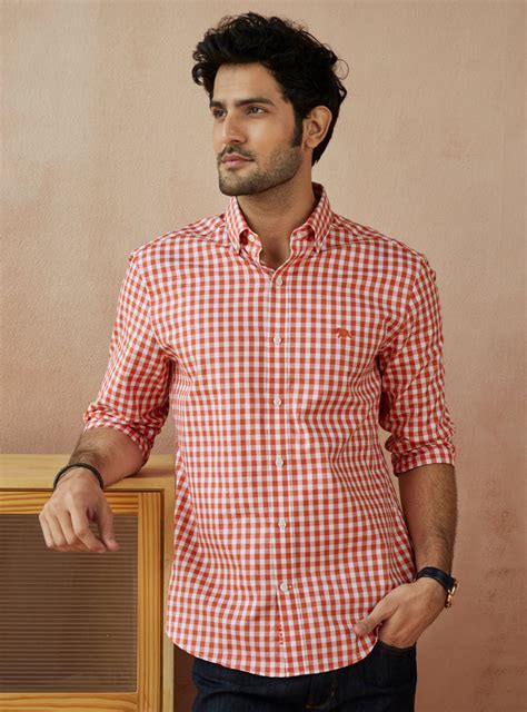 Buy Neo Coral Check | Regular/Slim Orange Check Shirt for Men Online ...