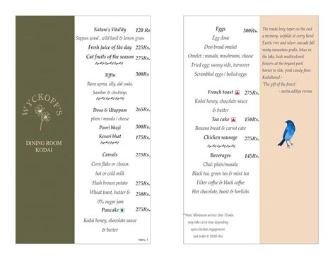 Menu at Wyckoff's Dining Room @ Villa Retreat, Kodaikanal